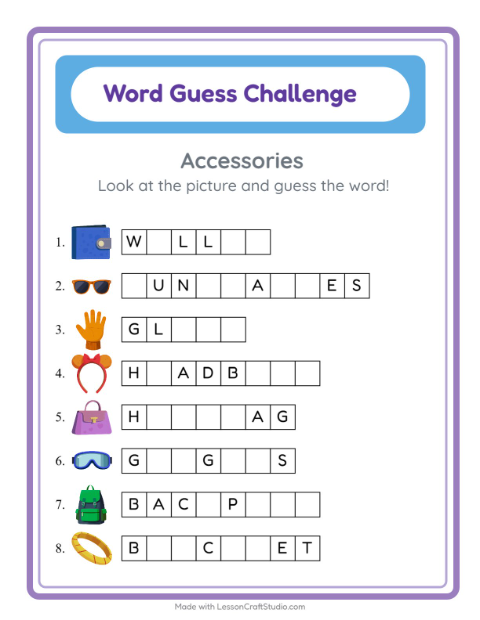 Preview of Word Guess worksheet featuring Accessories for kindergarten