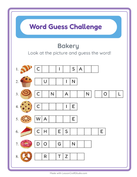 Preview of Word Guess worksheet featuring Bakery for kindergarten