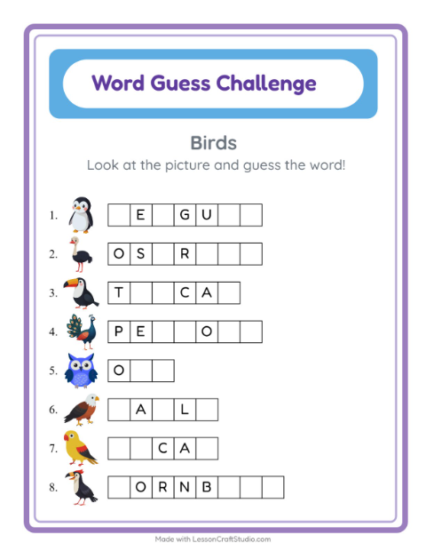 Preview of Word Guess worksheet featuring Birds for kindergarten