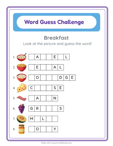Preview of Word Guess worksheet featuring Breakfast for kindergarten