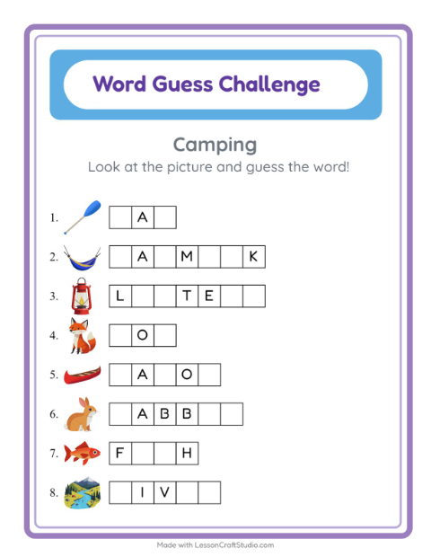 Preview of Word Guess worksheet featuring Camping for kindergarten