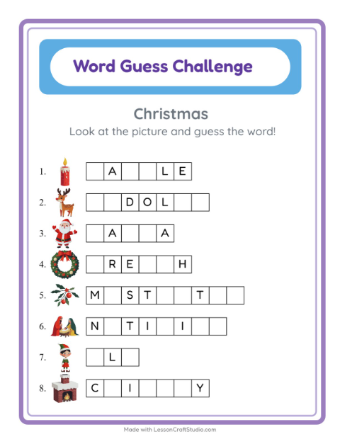 Preview of Word Guess worksheet featuring Christmas for kindergarten