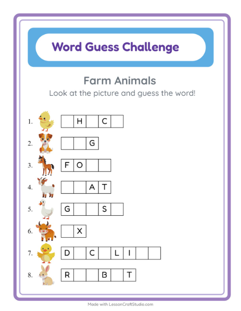 Preview of Word Guess worksheet featuring Farm Animals for kindergarten