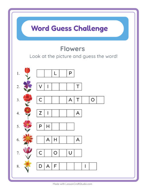 Preview of Word Guess worksheet featuring Flowers for kindergarten