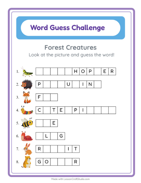 Preview of Word Guess worksheet featuring Forest Creatures for kindergarten