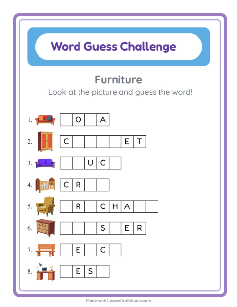 Preview of Word Guess worksheet featuring Furniture for kindergarten