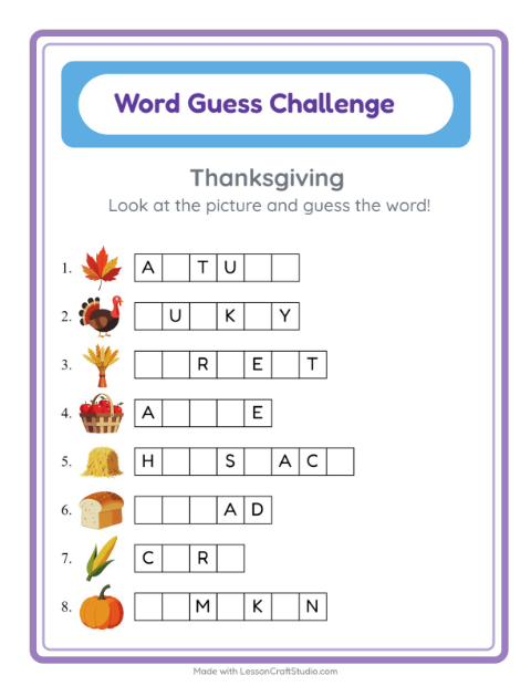 Preview of Word Guess worksheet featuring Thanksgiving for kindergarten