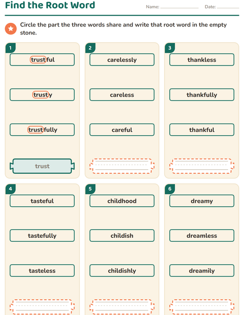 Preview of Prefixes, Suffixes and Root Words worksheet for grade 2