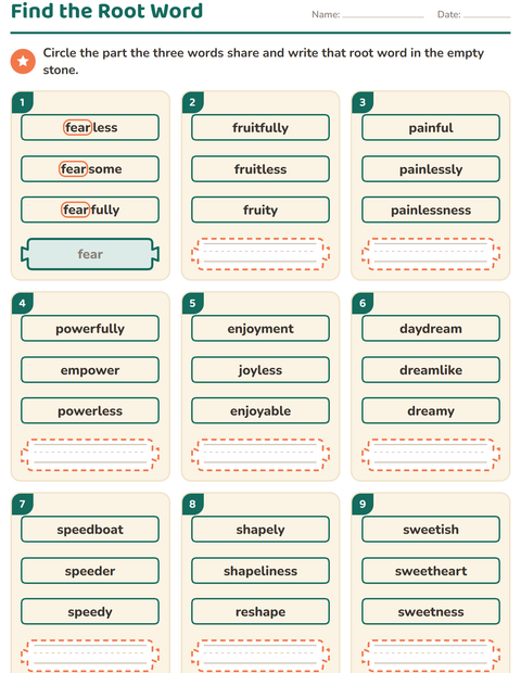 Preview of Prefixes, Suffixes and Root Words worksheet for grade 2