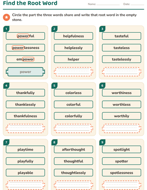Preview of Prefixes, Suffixes and Root Words worksheet for grade 2