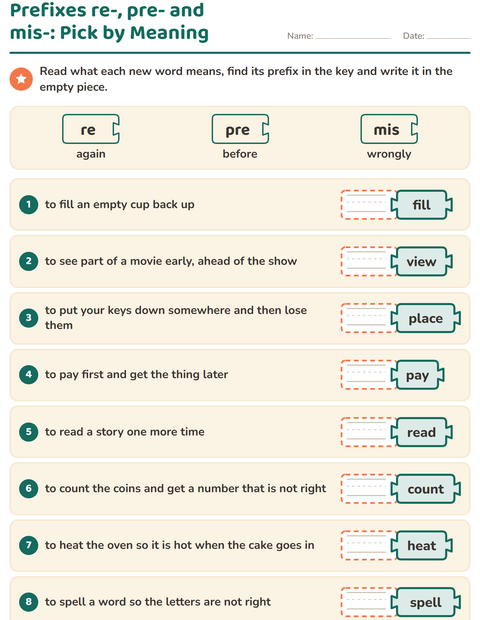 Prefixes re-, pre- and mis-: Pick by Meaning