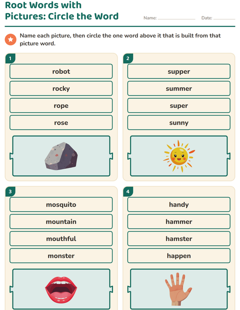 Preview of Prefixes, Suffixes and Root Words worksheet for grade 1