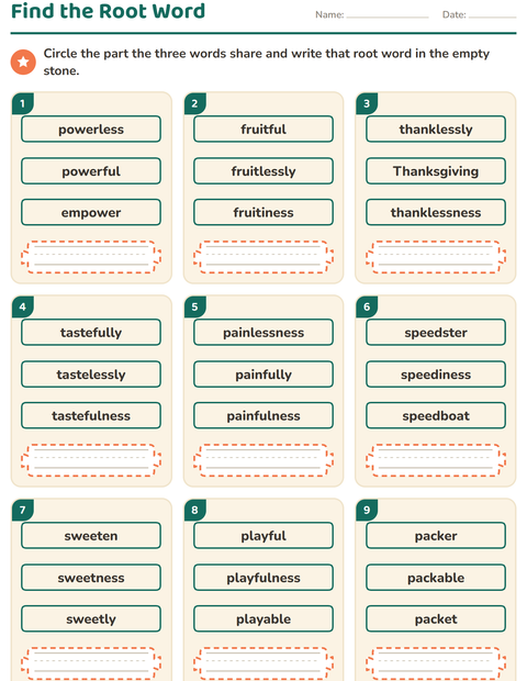 Preview of Prefixes, Suffixes and Root Words worksheet for grade 2