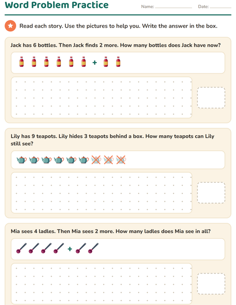 Preview of Word Problems worksheet featuring Kitchen Tools for grade 1