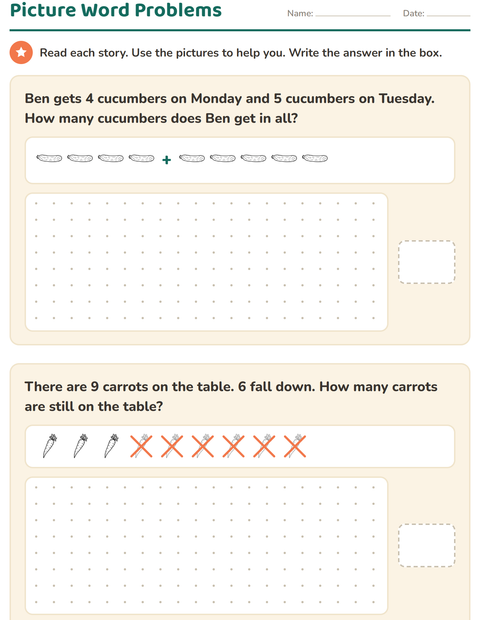 Preview of Word Problems worksheet featuring Vegetables BW for grade 1