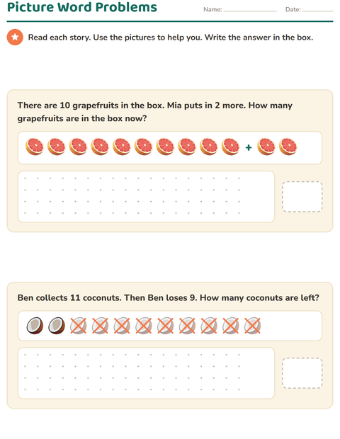 Addition and Subtraction Word Problems with Pictures