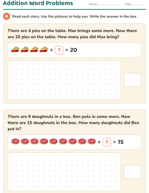 Preview of Word Problems worksheet featuring Bakery for grade 1