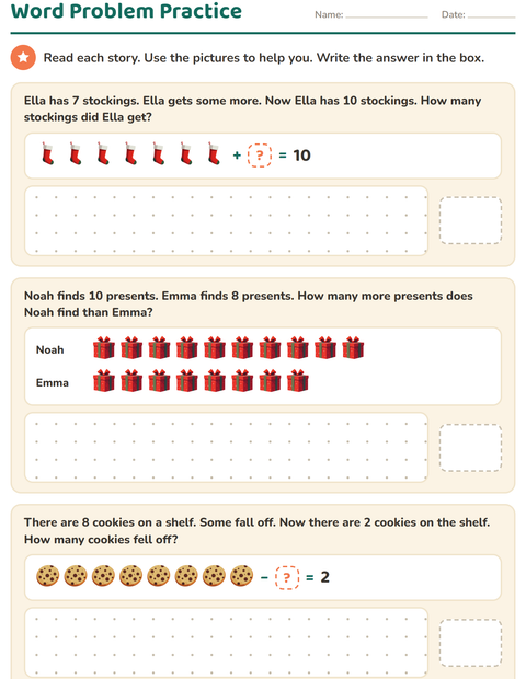 Preview of Word Problems worksheet featuring Christmas for grade 1