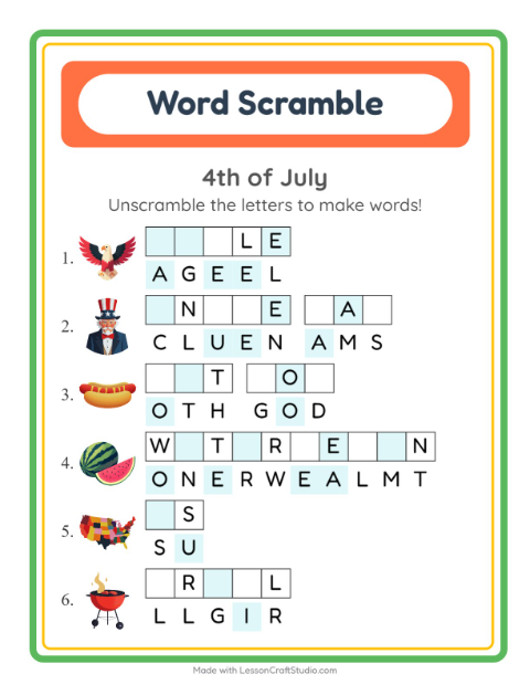 Preview of Word Scramble worksheet featuring 4th of July for grade 1