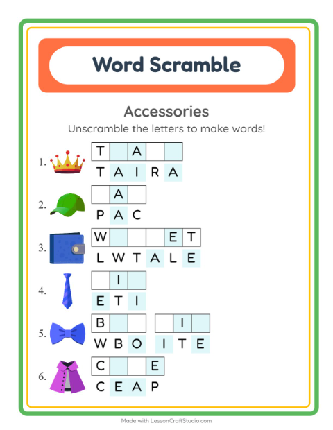 Preview of Word Scramble worksheet featuring Accessories for grade 1