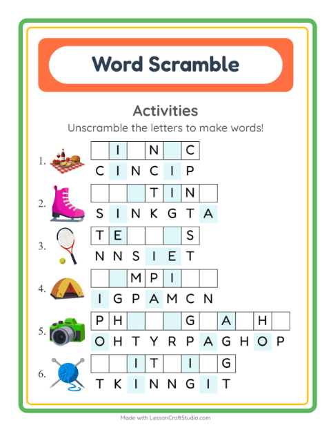 Preview of Word Scramble worksheet featuring Activities for grade 1