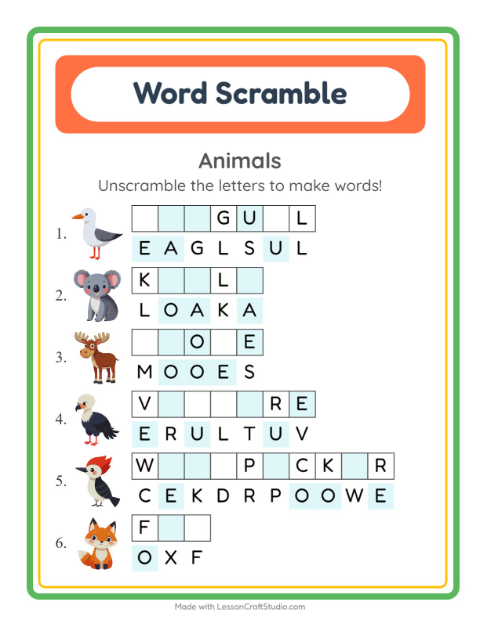 Preview of Word Scramble worksheet featuring Animals for grade 1