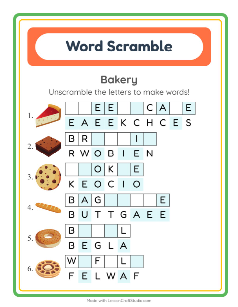 Preview of Word Scramble worksheet featuring Bakery for grade 1