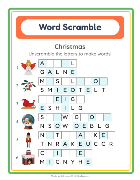 Preview of Word Scramble worksheet featuring Christmas for grade 1