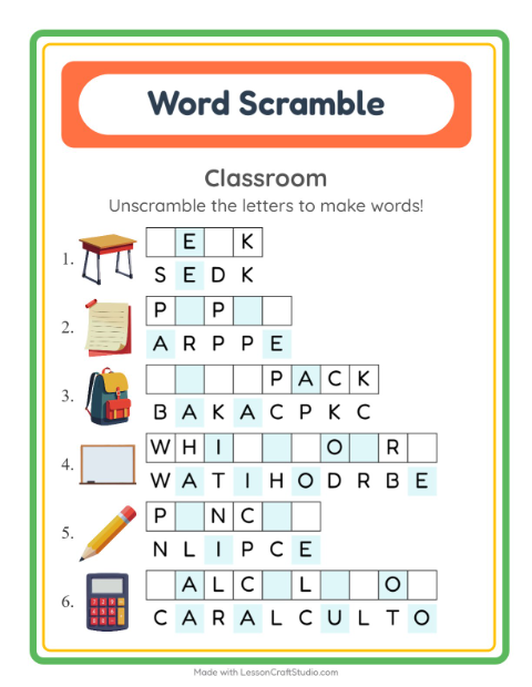 Preview of Word Scramble worksheet featuring Classroom for grade 1