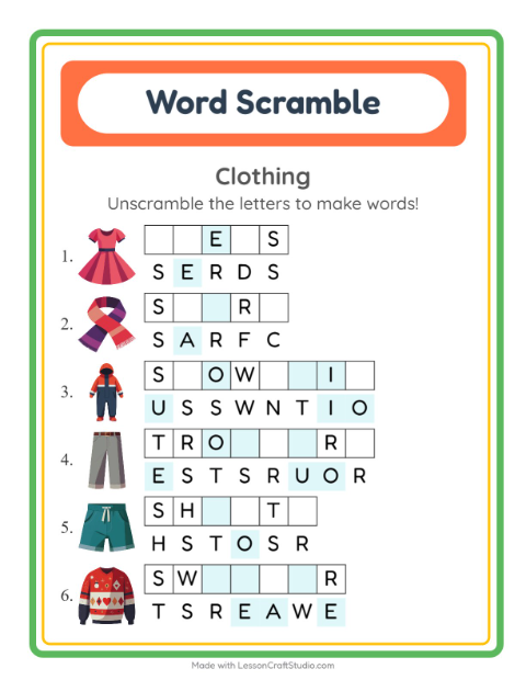 Preview of Word Scramble worksheet featuring Clothing for grade 1