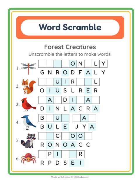 Preview of Word Scramble worksheet featuring Forest Creatures for grade 1