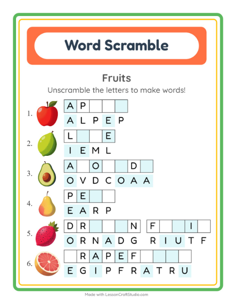 Preview of Word Scramble worksheet featuring Fruits for grade 1