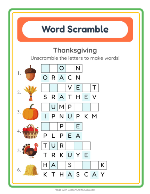 Preview of thanksgiving Word Scramble: Put the Letters in Order