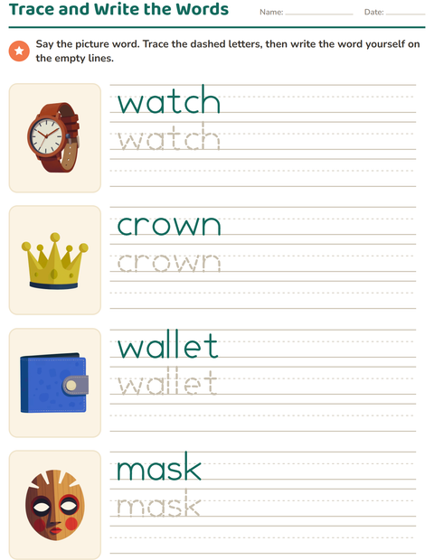 Preview of Word Tracing worksheet featuring Accessories for kindergarten