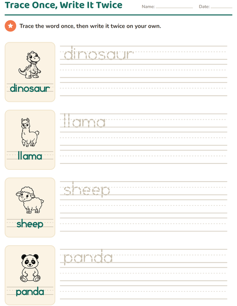 Preview of Word Tracing worksheet featuring Animals BW 5 for kindergarten