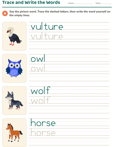 Preview of Word Tracing worksheet featuring Animals for kindergarten