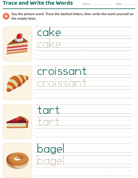 Preview of Word Tracing worksheet featuring Bakery for kindergarten