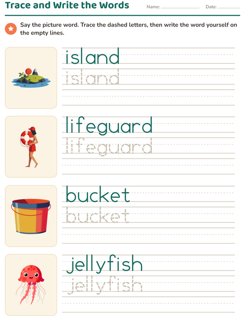 Preview of Word Tracing worksheet featuring Beach for kindergarten