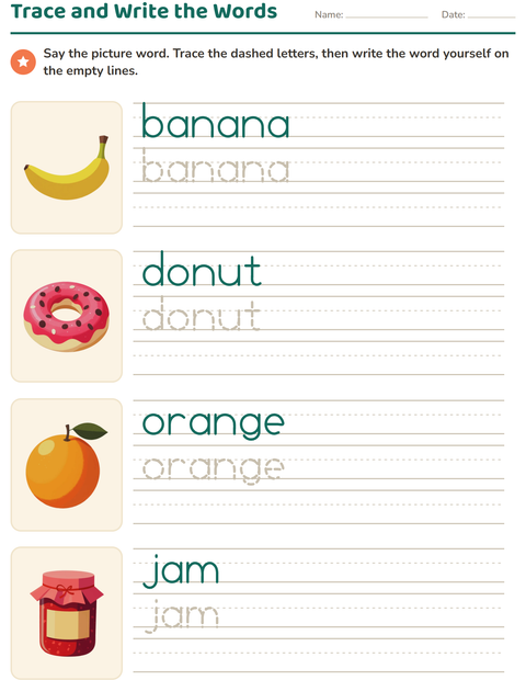 Preview of Word Tracing worksheet featuring Breakfast for kindergarten