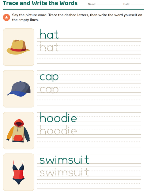 Preview of Word Tracing worksheet featuring Clothing for kindergarten