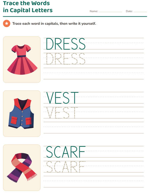 Preview of Word Tracing worksheet featuring Clothing for kindergarten
