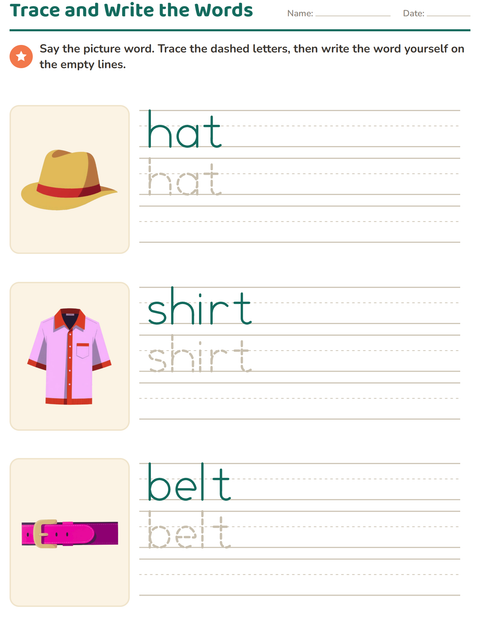 Preview of Word Tracing worksheet featuring Clothing for kindergarten