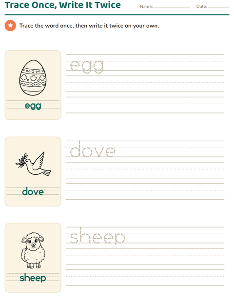 Preview of Word Tracing worksheet featuring Easter BW 2 for kindergarten