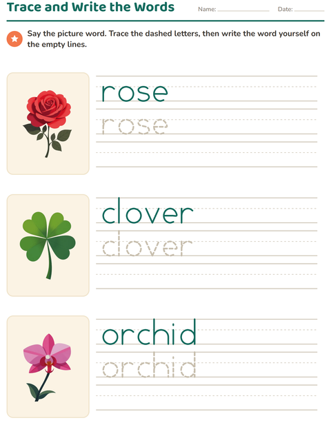 Preview of Word Tracing worksheet featuring Flowers for kindergarten