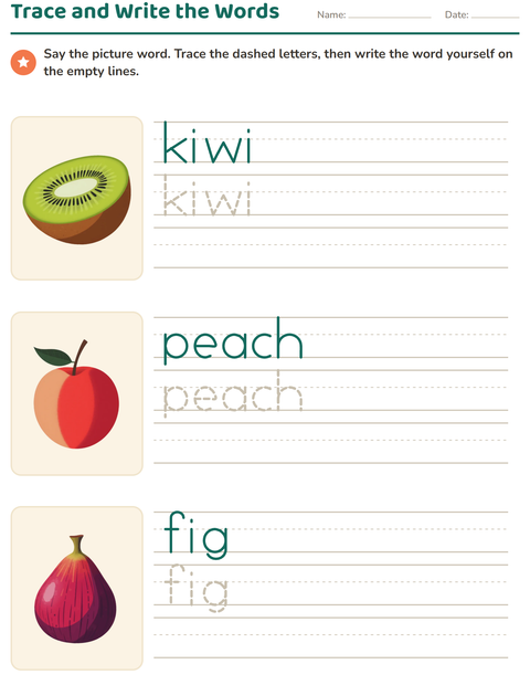 Preview of Word Tracing worksheet featuring Fruits for kindergarten