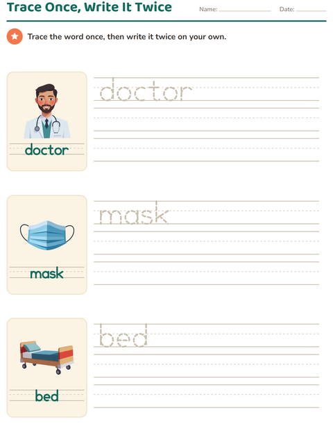 Preview of Word Tracing worksheet featuring Hospital for kindergarten