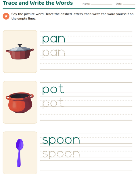 Preview of Word Tracing worksheet featuring Kitchen Tools for kindergarten