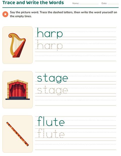 Preview of Word Tracing worksheet featuring Music for kindergarten