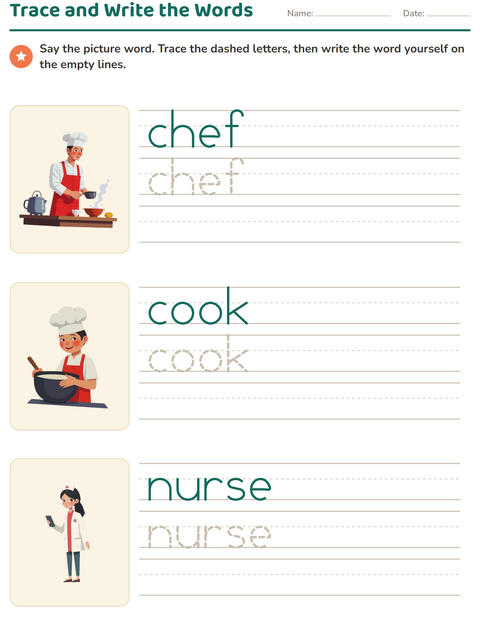 Preview of Word Tracing worksheet featuring Occupations for kindergarten