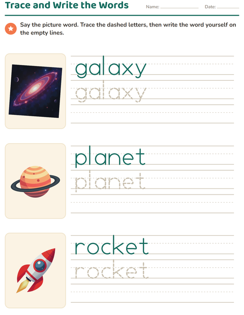 Preview of Word Tracing worksheet featuring Space for kindergarten